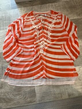 Chico's Orange and White Striped Embroidered V-Neck Tunic